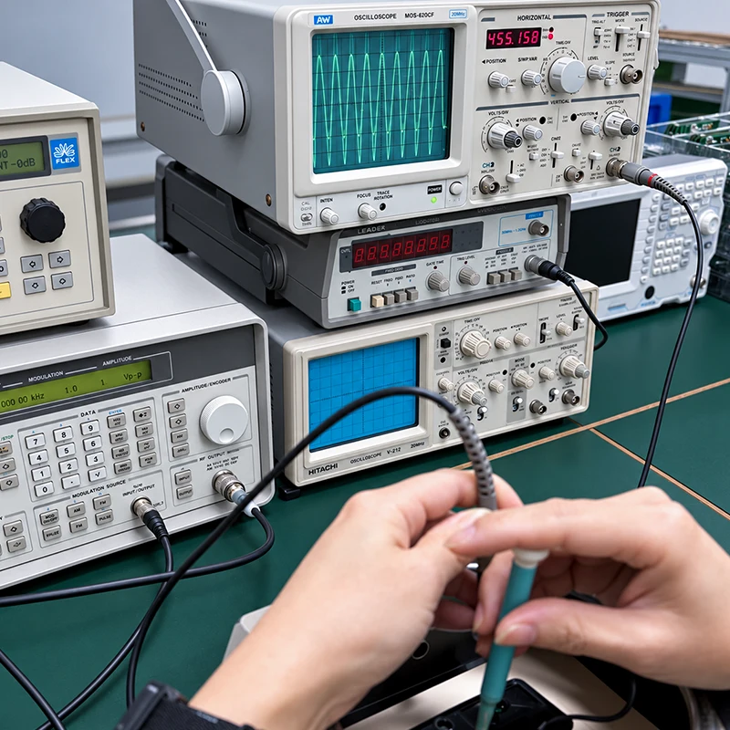 WEX engineer testing pager electronics with RF test equipment